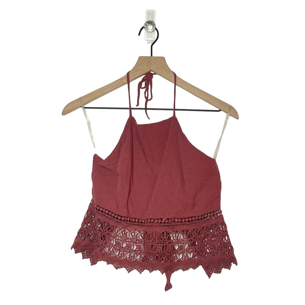 American Eagle Halter Crop Top Women's Size Small Rust Red Tie Back Crochetβ
